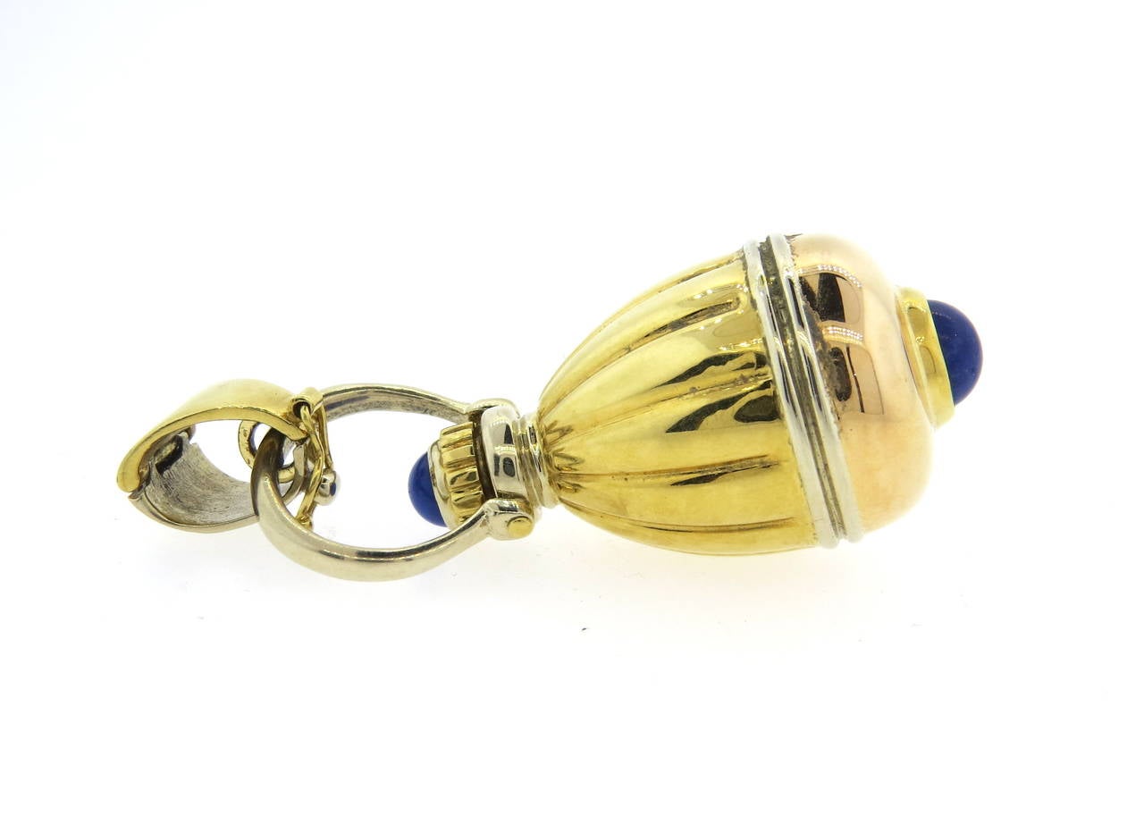 18k yellow and rose gold Italian perfume bottle pendant with two lapis lazuli gemstones. Pendant is 51mm (excl removable bale) x 23mm in diameter of the bottom. weight - 27.2gr