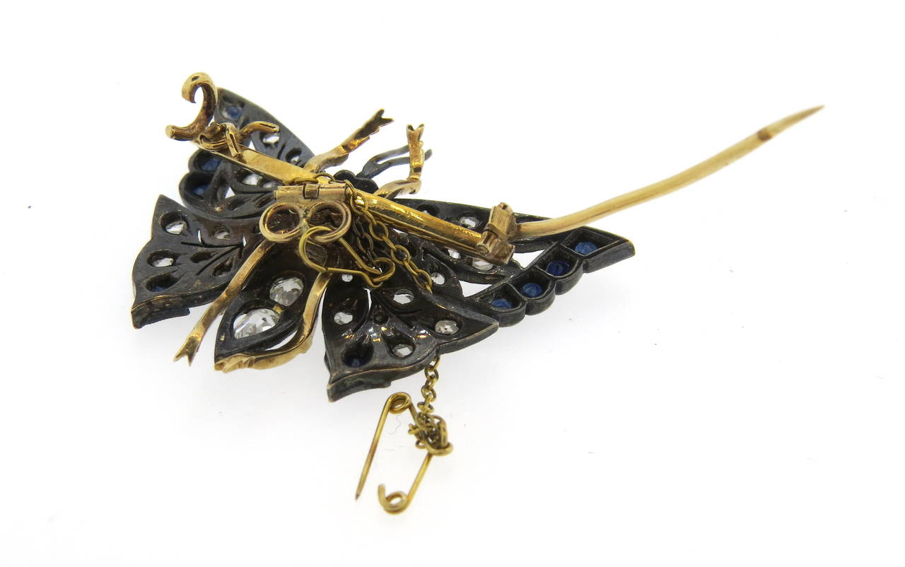 Victorian Antique Sapphire Diamond Silver Gold Butterfly Brooch In Excellent Condition In Lambertville, NJ