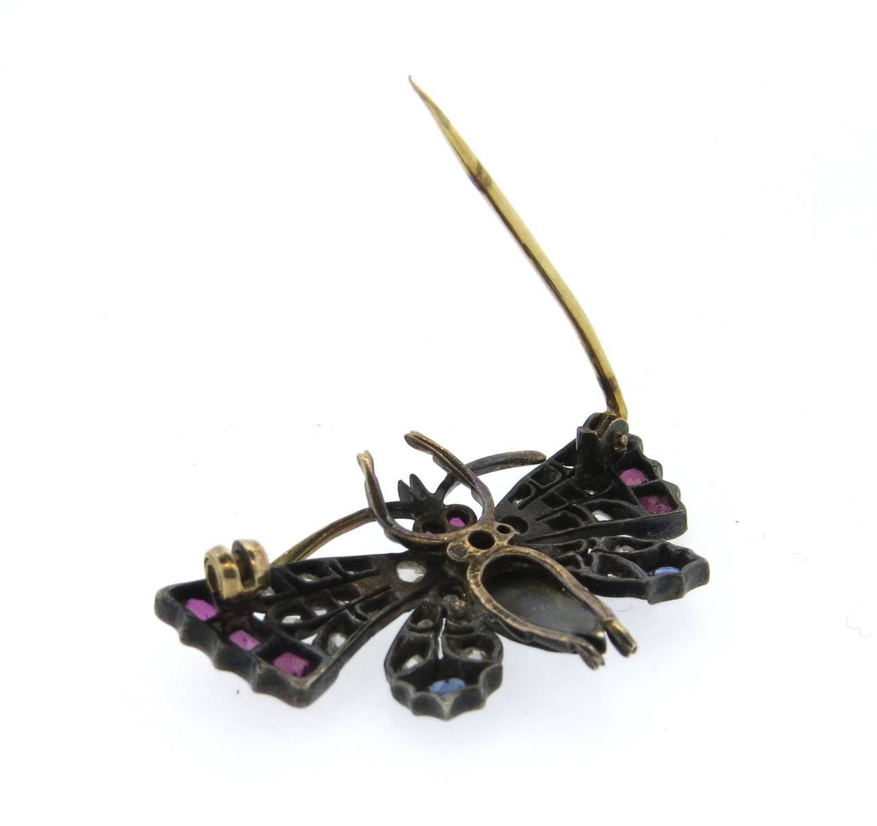 Victorian Antique Diamond Pearl Sapphire Ruby Diamond Silver Gold Butterfly Brooch