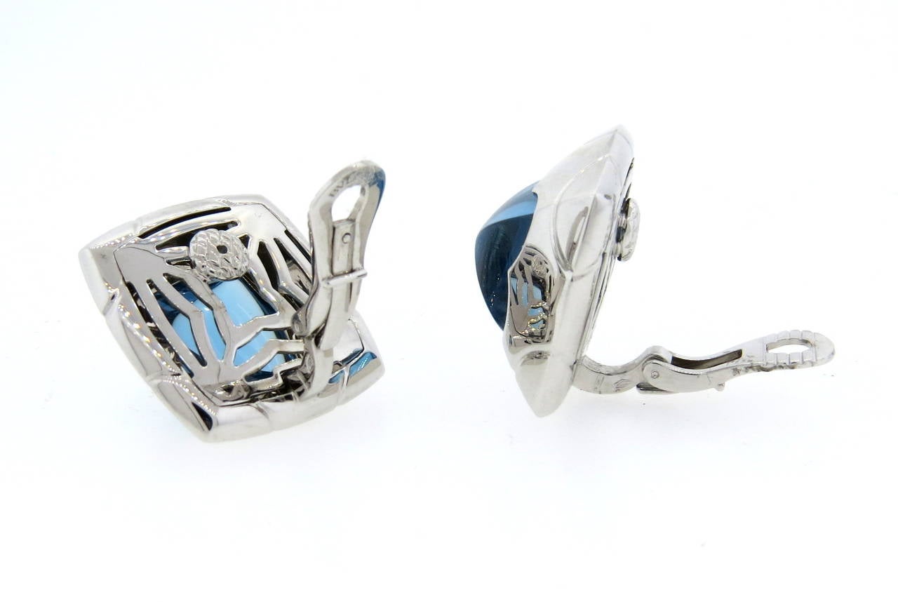 Bulgari Piramide Gold Blue Topaz Earrings In Excellent Condition In Lambertville, NJ