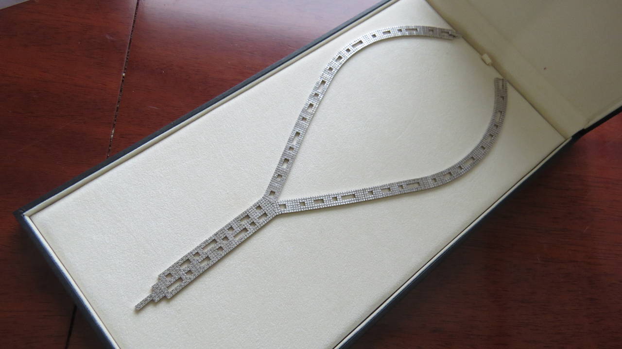 18k White gold necklace set with 337 diamonds weighing 1.71ctw. This necklace exclusively from the H. Stern Collection Metropolis portfolio. Sold in 2007 for $15000. Weight 107.5g. Comes with original box and papers.