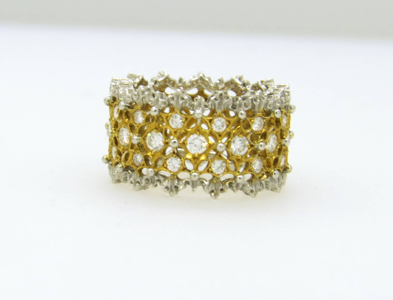 Buccellati 18k white and yellow gold ring with diamonds from Rombi collection. Ring size is 3 3/4, ring is 10mm wide. Marked Buccellati. weight - 4.8 gr