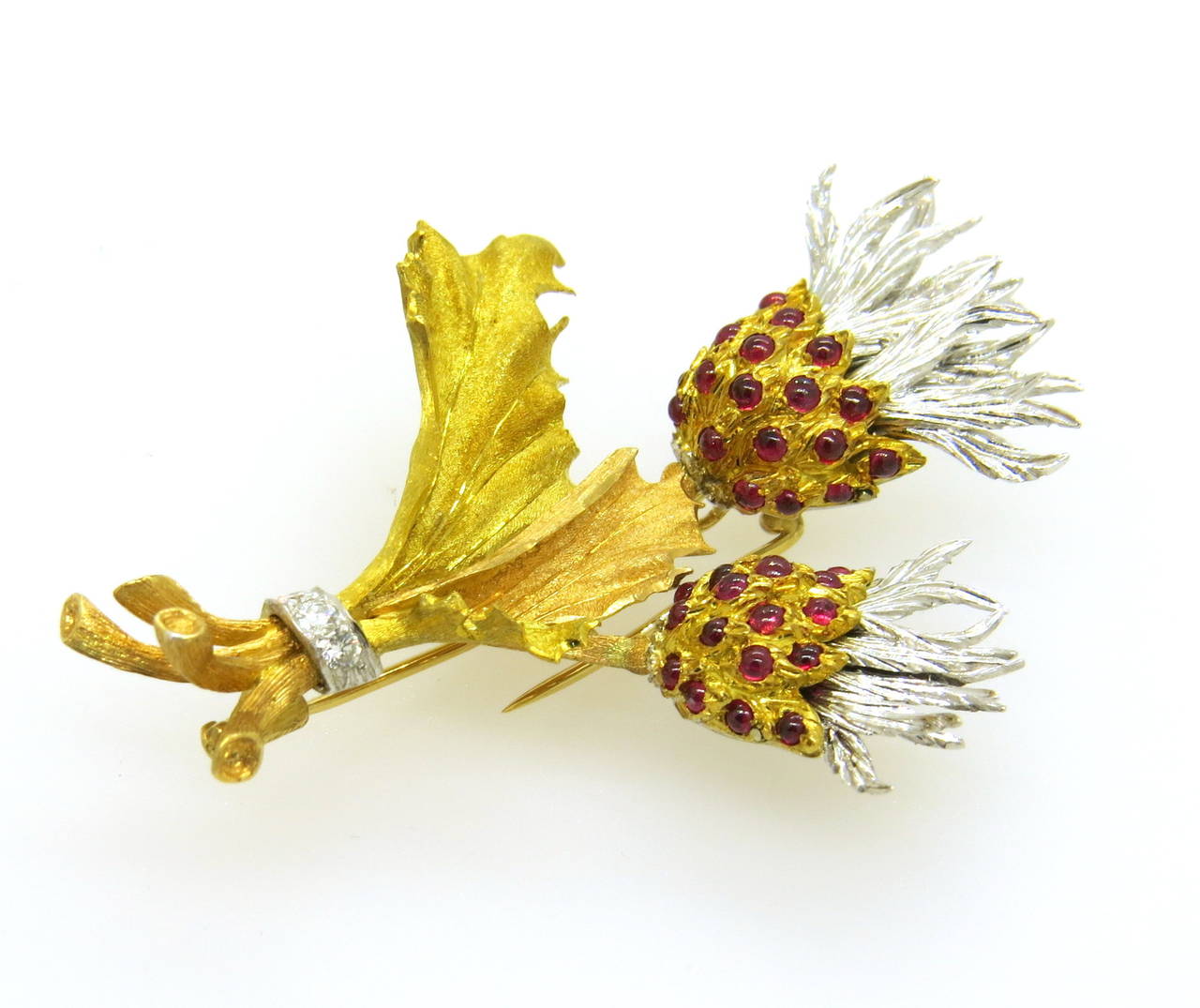 Buccellati Tri Color Ruby Diamond Gold Thistle Brooch In Excellent Condition In Lambertville, NJ