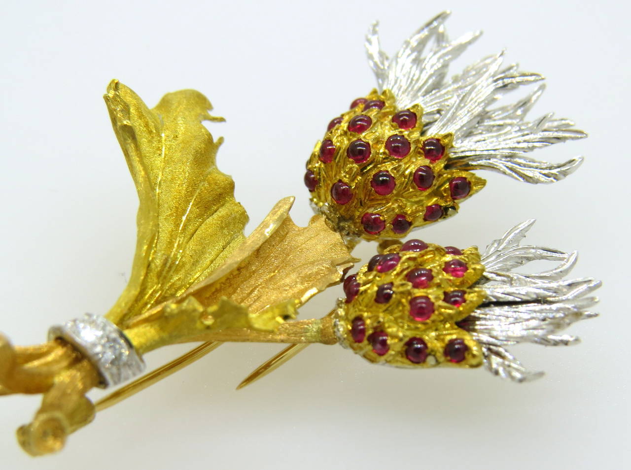Women's Buccellati Tri Color Ruby Diamond Gold Thistle Brooch