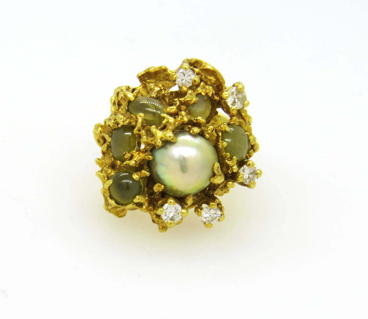 Arthur King Cat's Eye Pearl Diamond Free Form Gold Ring In Excellent Condition In Lambertville, NJ