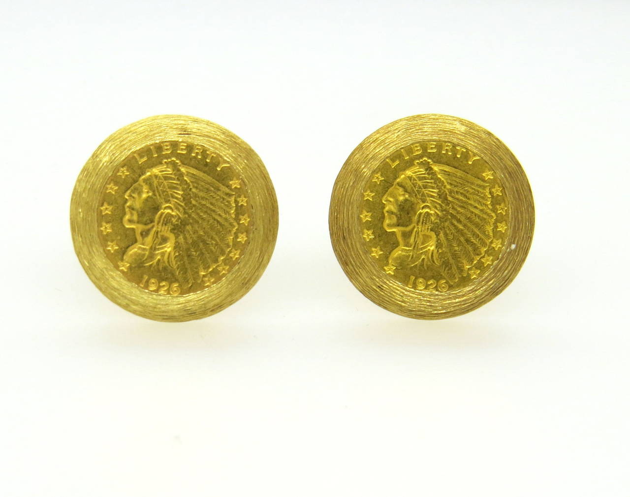 14k  gold cufflinks set with 1926 Indian head gold coin in the center. Cufflink top measures 24mm in diameter.  weight - 26.2 gr