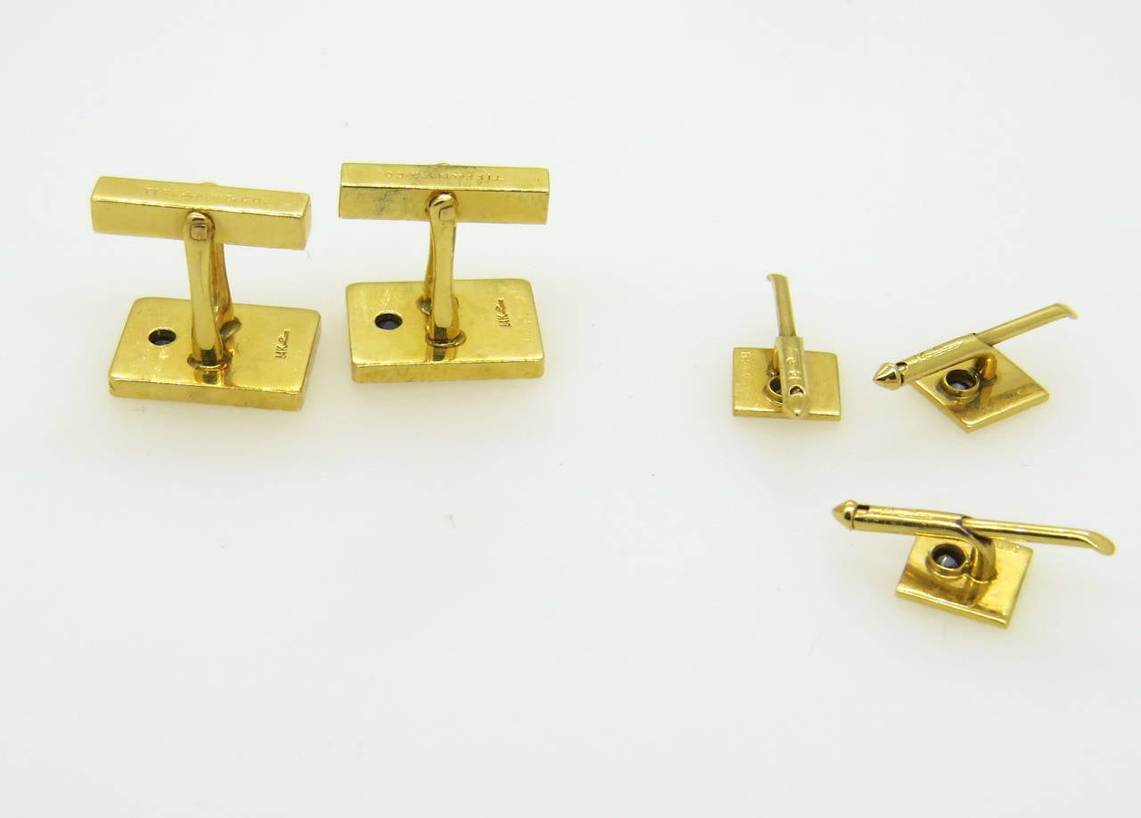 Tiffany & Co. Sapphire Gold Cufflinks Stud Set In Excellent Condition For Sale In Lambertville, NJ