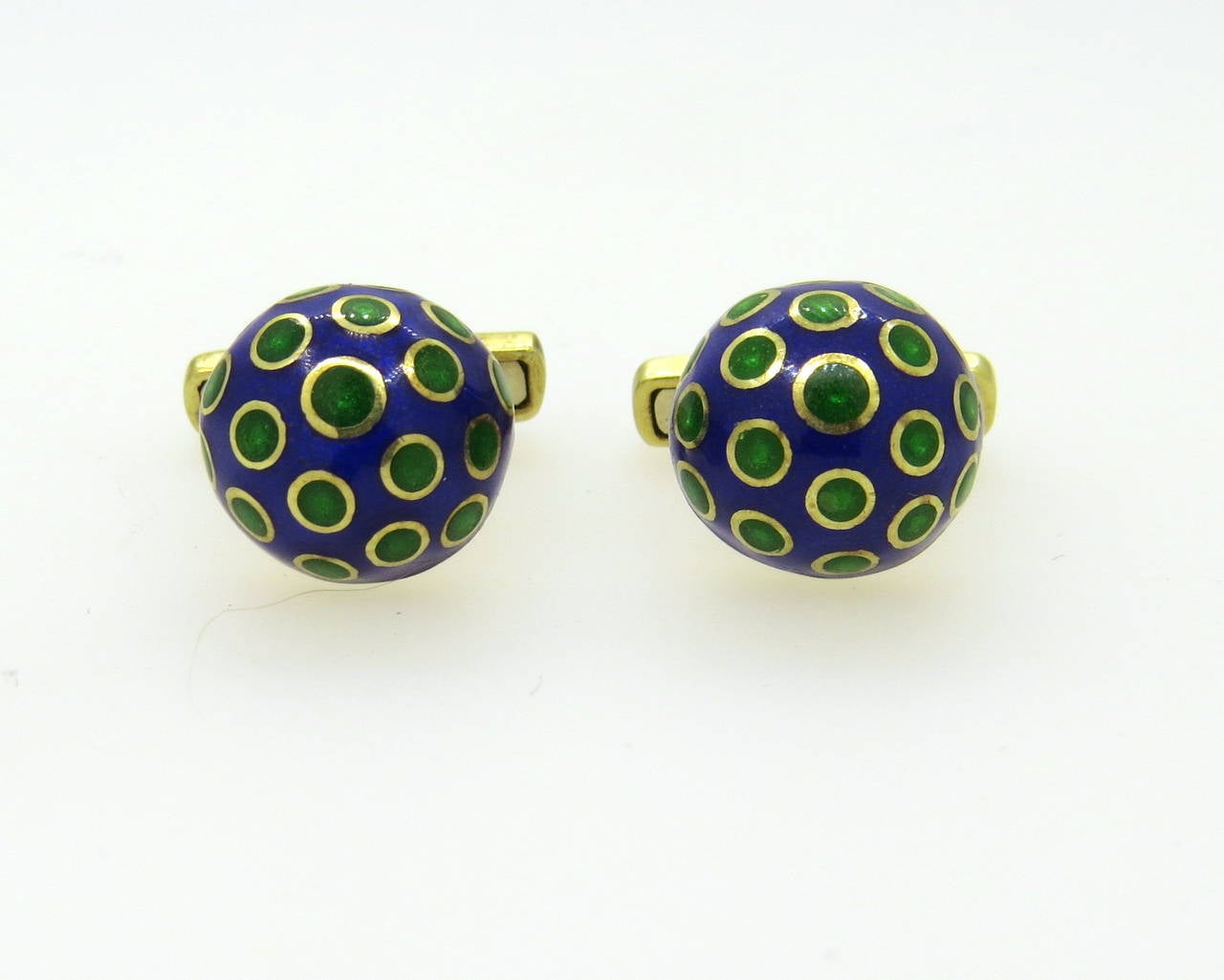 1960s 18k gold cufflinks, decorated with blue and green enamel. Top measures 16mm in diameter. Weight - 21.3 gr