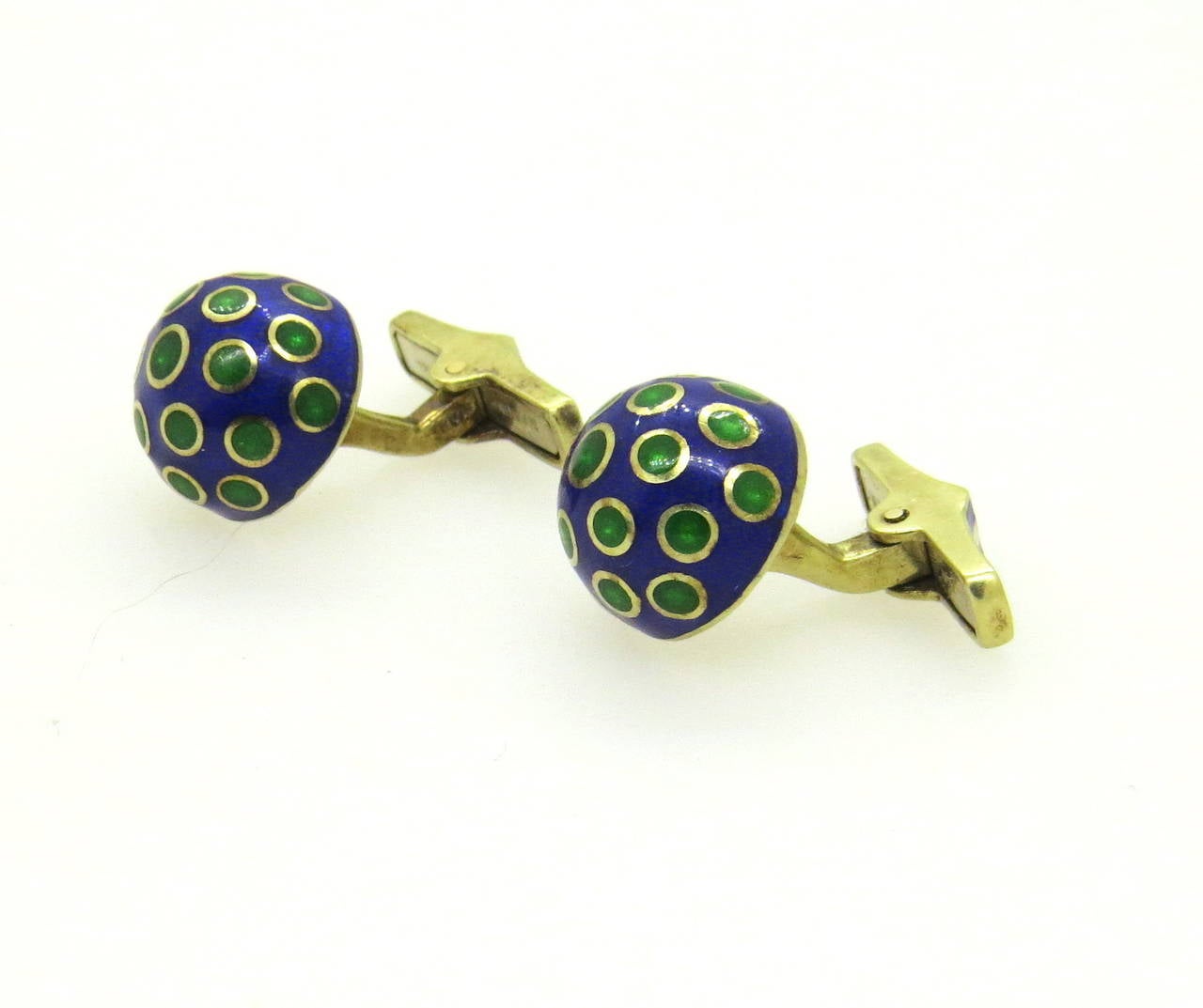 Green and Blue Enamel Gold Cufflinks In Excellent Condition In Lambertville, NJ