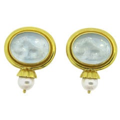 Vintage Elizabeth Locke Intaglio Venetian Glass Pearl Gold Earrings