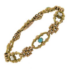 Antique English Turquoise Pearl Gold Bracelet