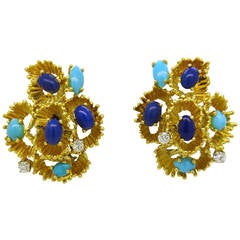 Turquoise Lapis Diamond Gold Pencil Shaving Pattern Earrings