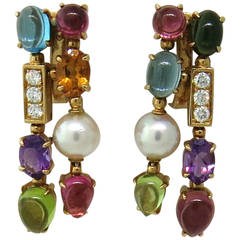 Bulgari Allegra Pearl Diamond Multicolor Gemstone Gold Earrings