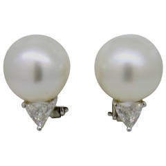 South Sea Pearl Diamond Gold and Platinum Earrings