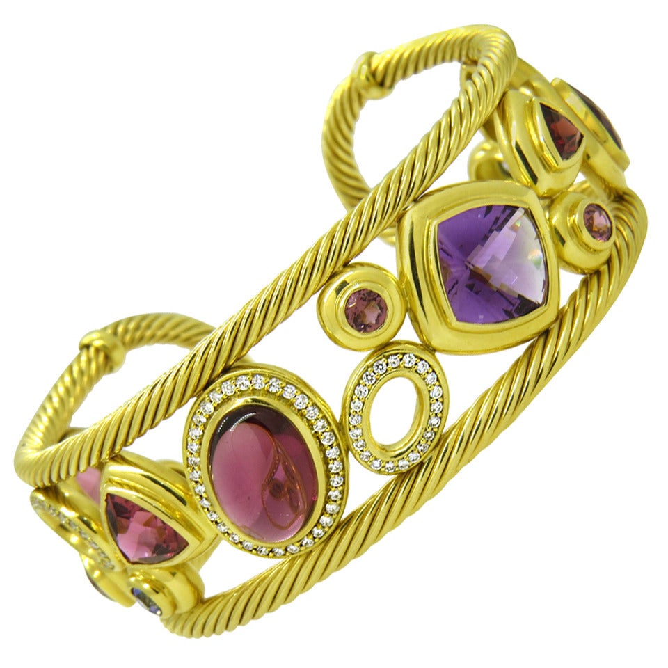 David Yurman Mosaic Multicolor Gemstone Diamond Gold Bracelet