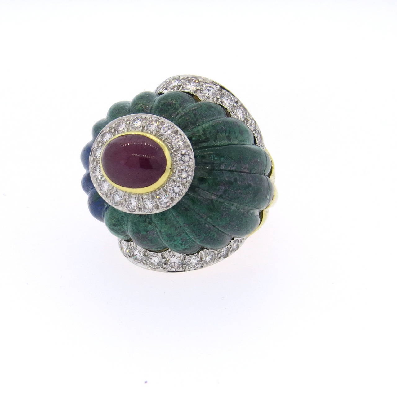 Impressive David Webb Azurite Ruby Diamond Platinum Gold Ring