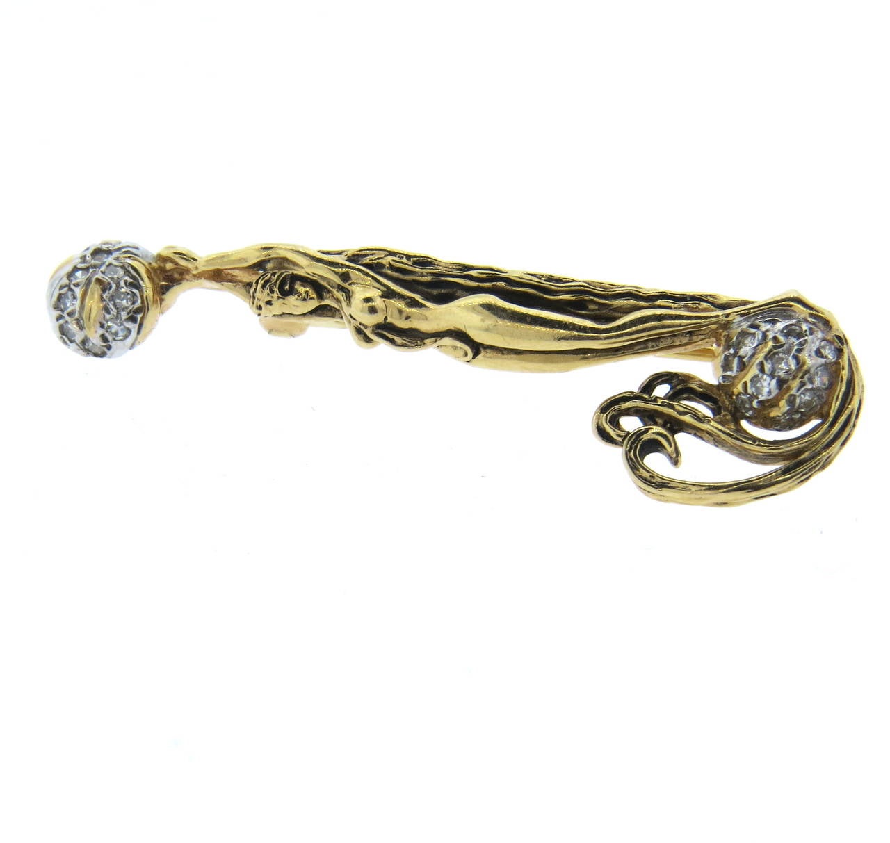 14k Gold Erte brooch with diamonds. Measuring 41mm x 14mm. marked Erte,CFA,14k. weight - 4.8 grams