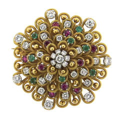 Vintage Impressive Vourakis Emerald Ruby Diamond Gold Brooch
