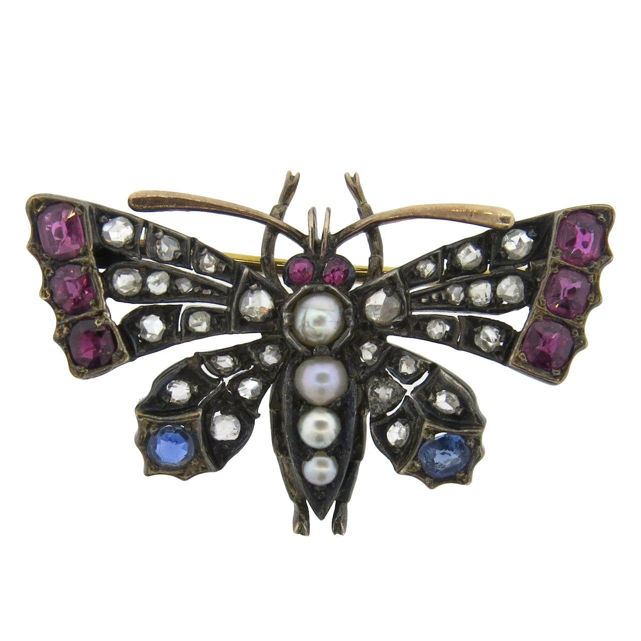 Antique Diamond Pearl Sapphire Ruby Diamond Silver Gold Butterfly Brooch