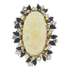 Retro Large Opal Sapphire Diamond Gold Cocktail Ring