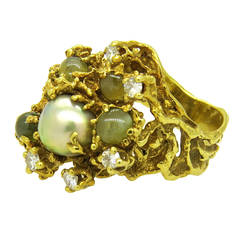 Arthur King Cat's Eye Pearl Diamond Free Form Gold Ring