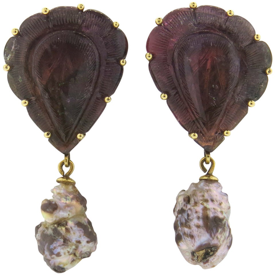 Stephen Dweck Carved Tourmaline Strawberry Pearl Gold Earrings