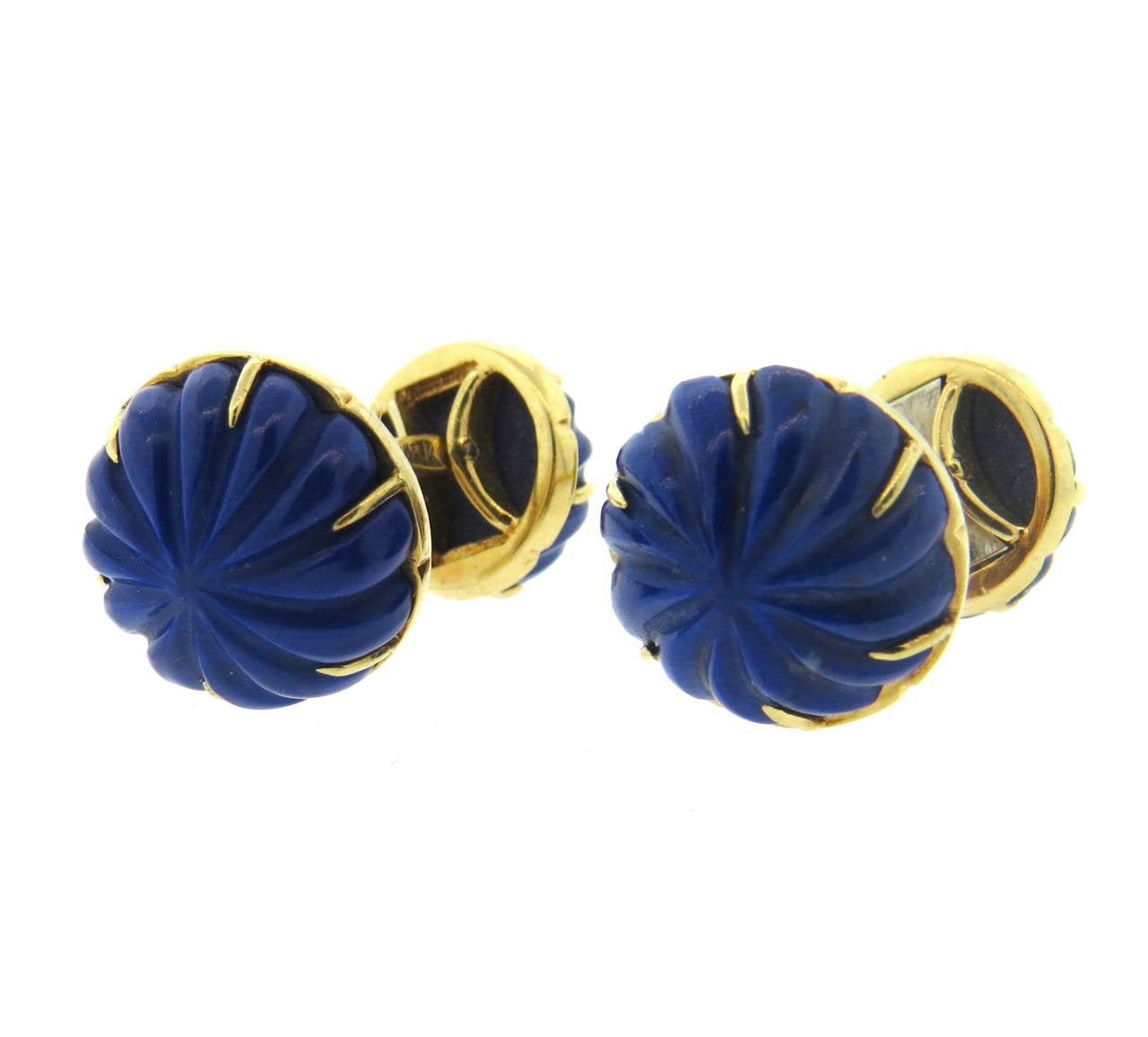 French Tiffany & Co 18k gold cufflinks featuring carved lapis lazuli top and back. Top measures 16.3mm in diameter, back - 12.7mm in diameter. Marked France,18k and Tiffany & Co. weight - 16.8 grams