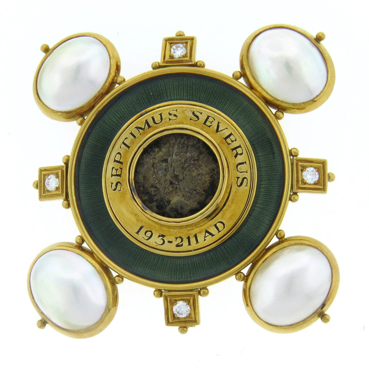Elizabeth Gage Ancient Coin Pearl Diamond Enamel Gold Brooch