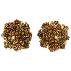 Zolotas Diamond Emerald Ruby Sapphire Flower Gold Earrings