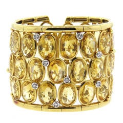 Vintage Massive Citrine Diamond Gold Wide Cuff Bracelet