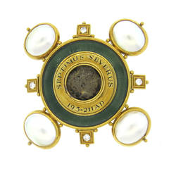 Elizabeth Gage Ancient Coin Pearl Diamond Enamel Gold Brooch