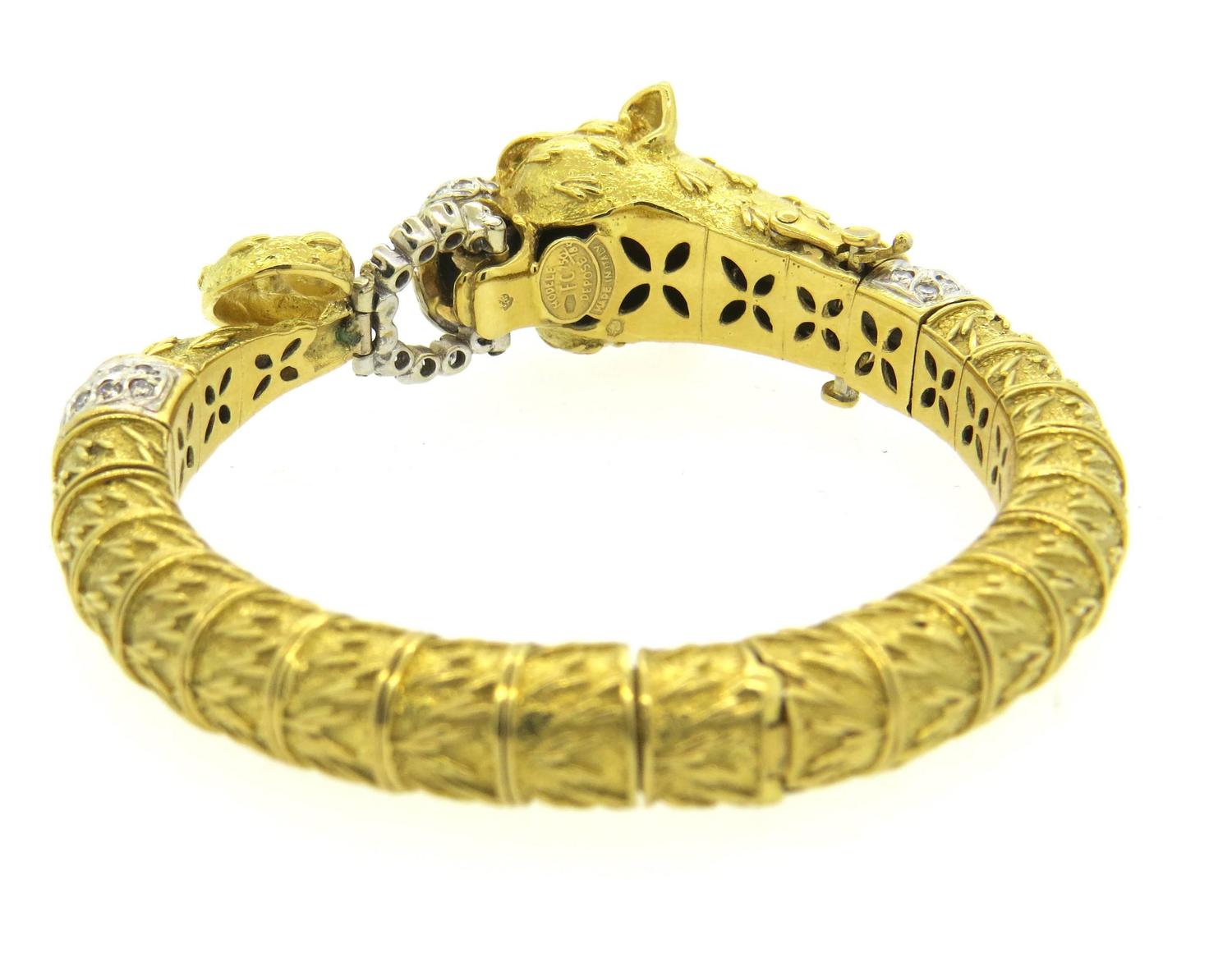 Impressive Frascarolo emerald Diamond gold Panther Bangle Bracelet at