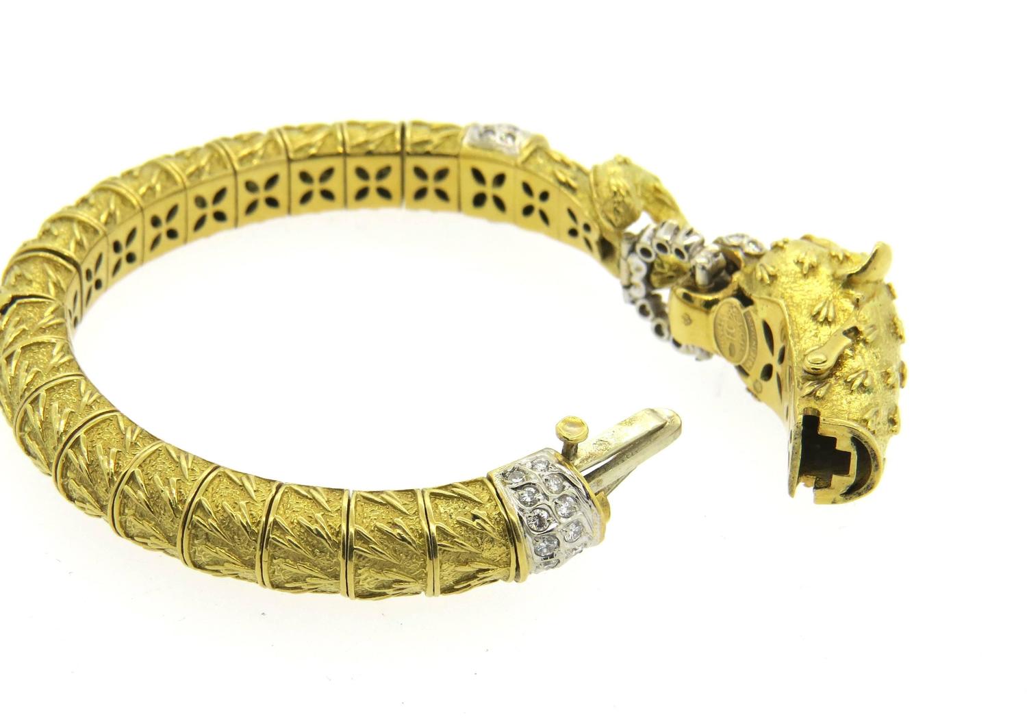 Impressive Frascarolo emerald Diamond gold Panther Bangle Bracelet at