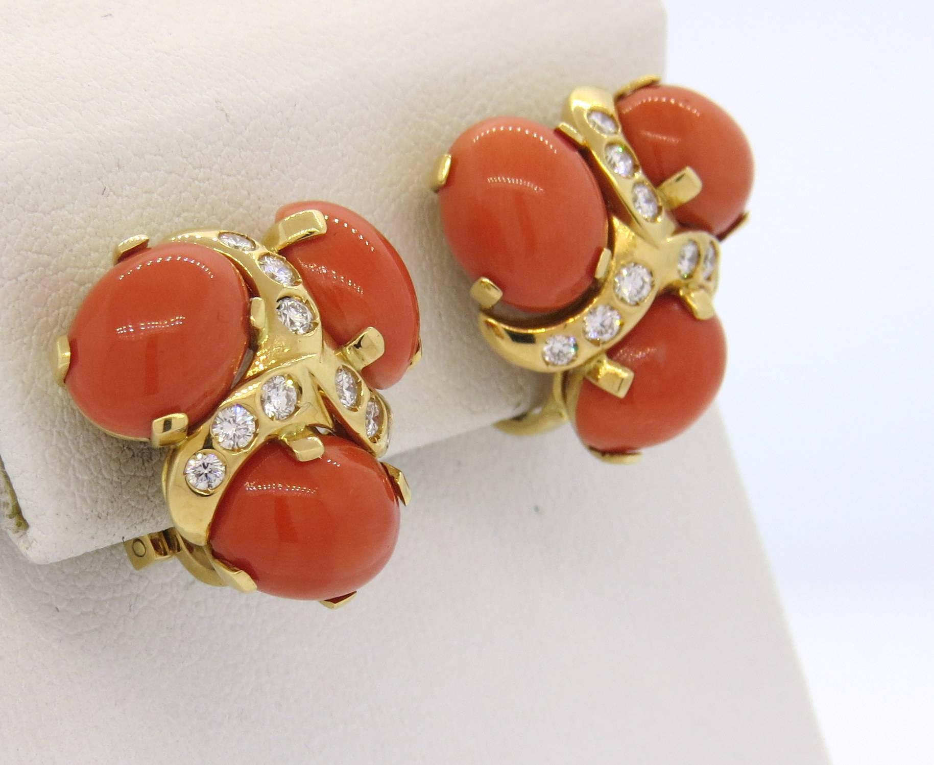 Verdura Coral Diamond Gold Earrings  1