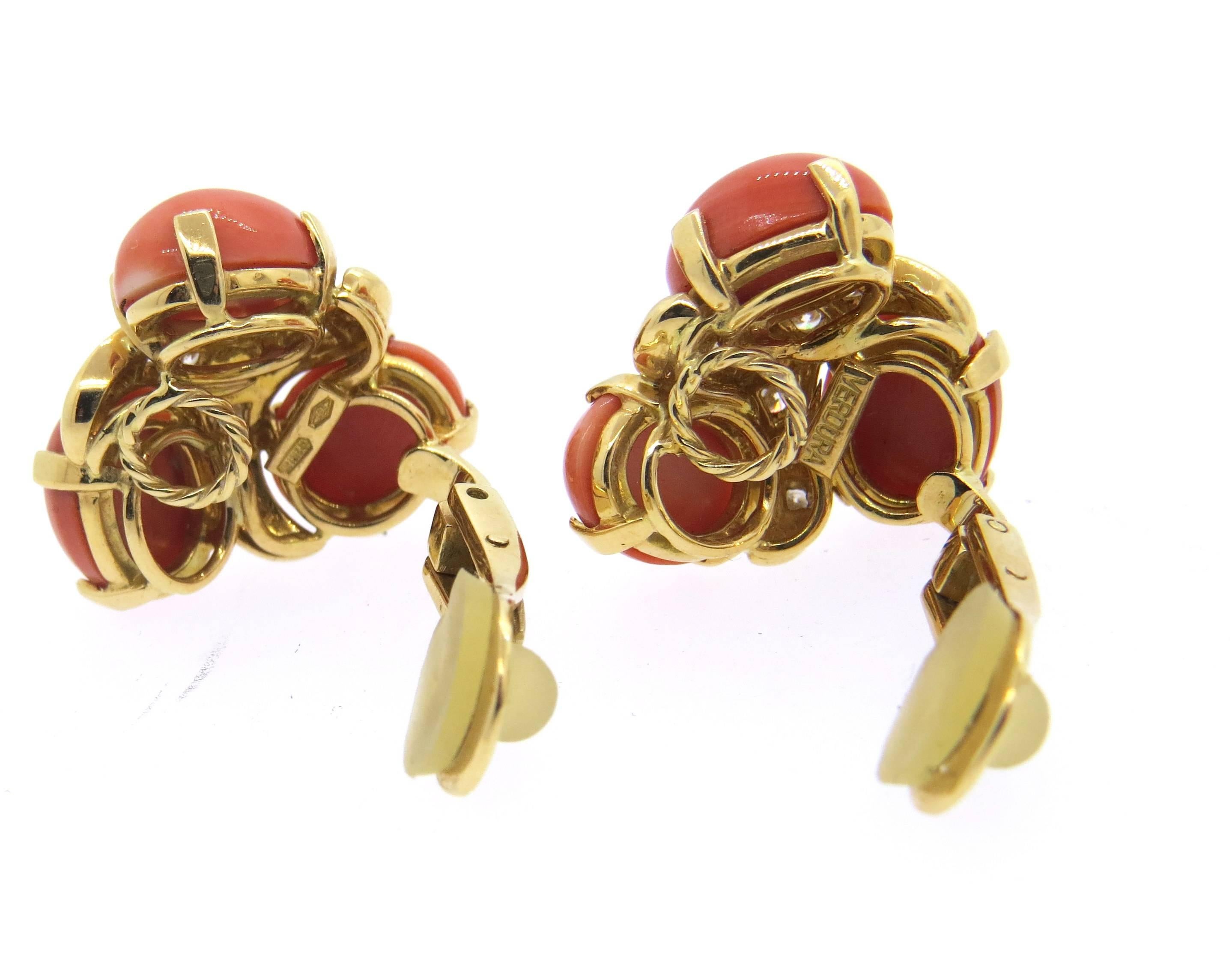 Women's Verdura Coral Diamond Gold Earrings 