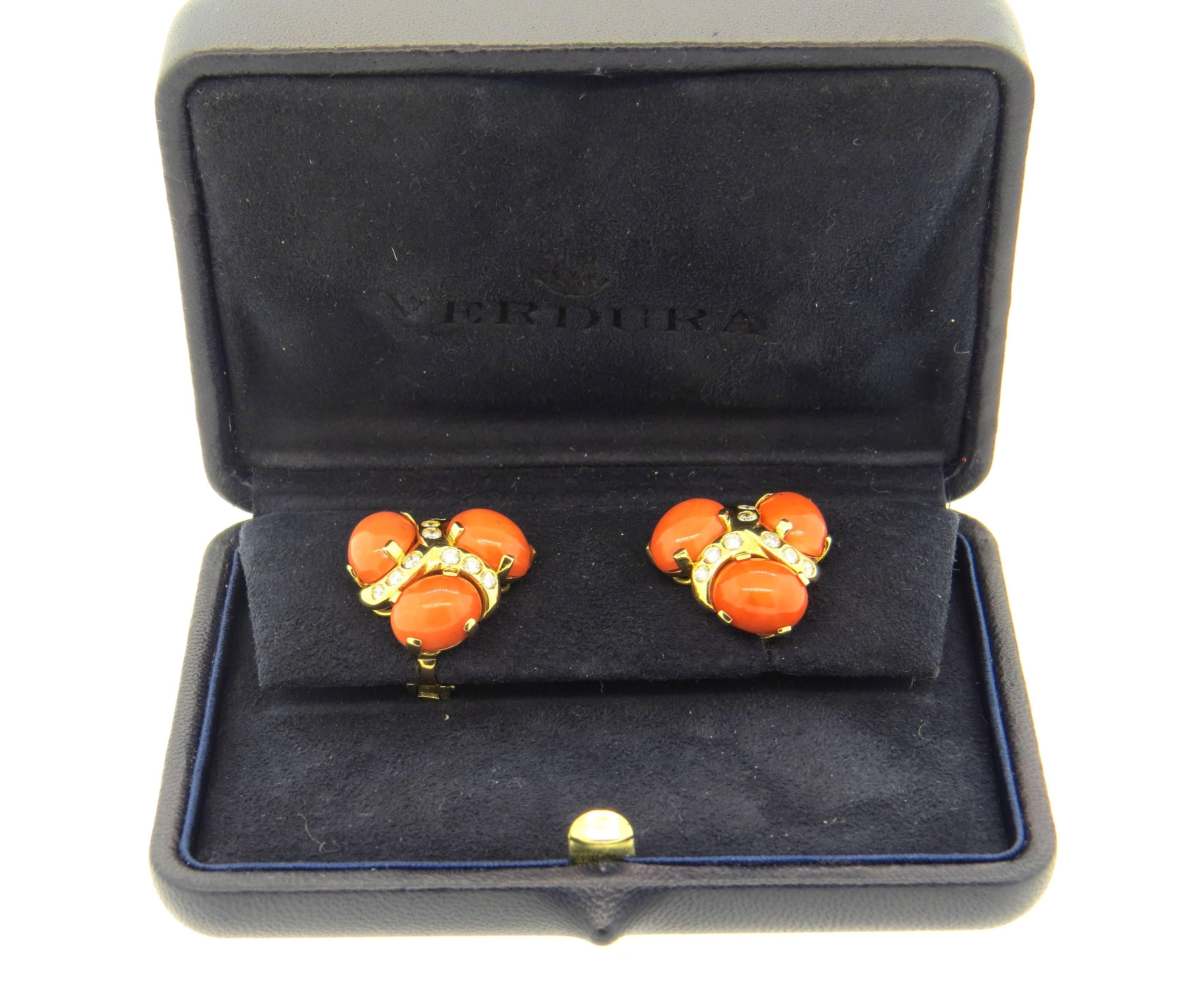 Verdura Coral Diamond Gold Earrings  2