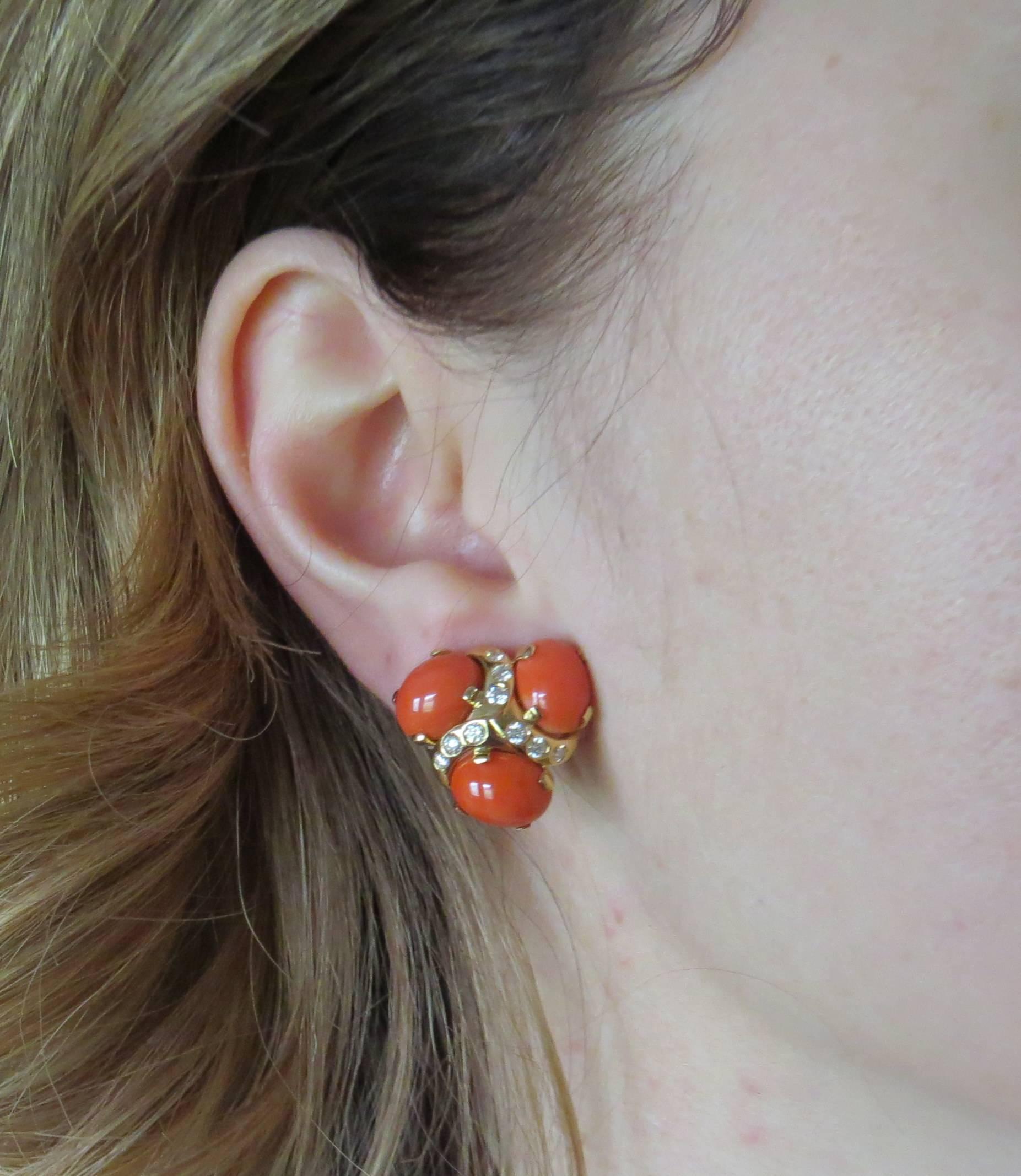 Verdura Coral Diamond Gold Earrings  In Excellent Condition In Lambertville, NJ