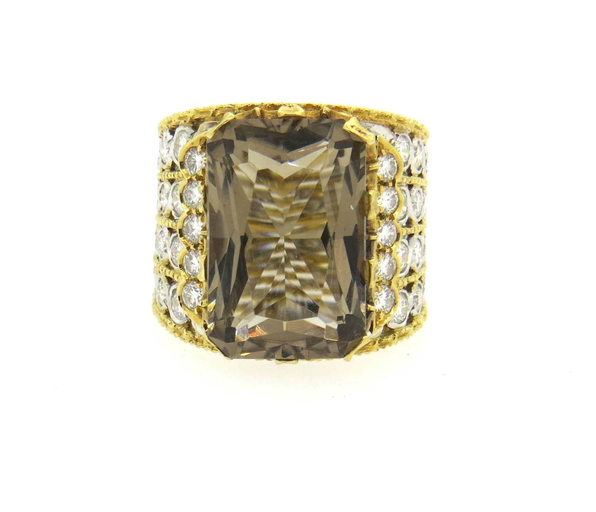 Buccellati Impressive Smokey Topaz Diamond Gold Ring  In New Condition For Sale In Lambertville, NJ