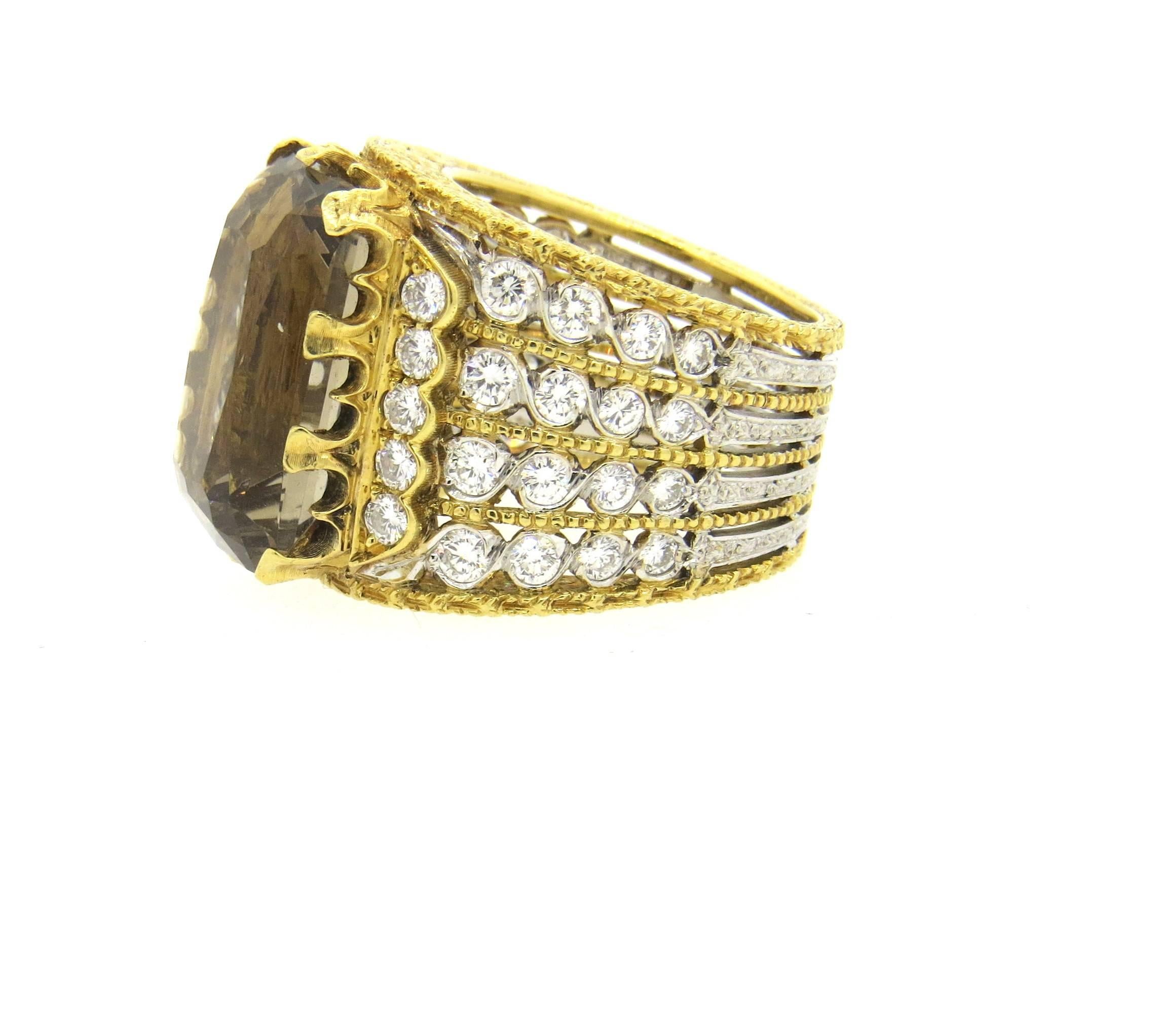 Women's Buccellati Impressive Smokey Topaz Diamond Gold Ring  For Sale