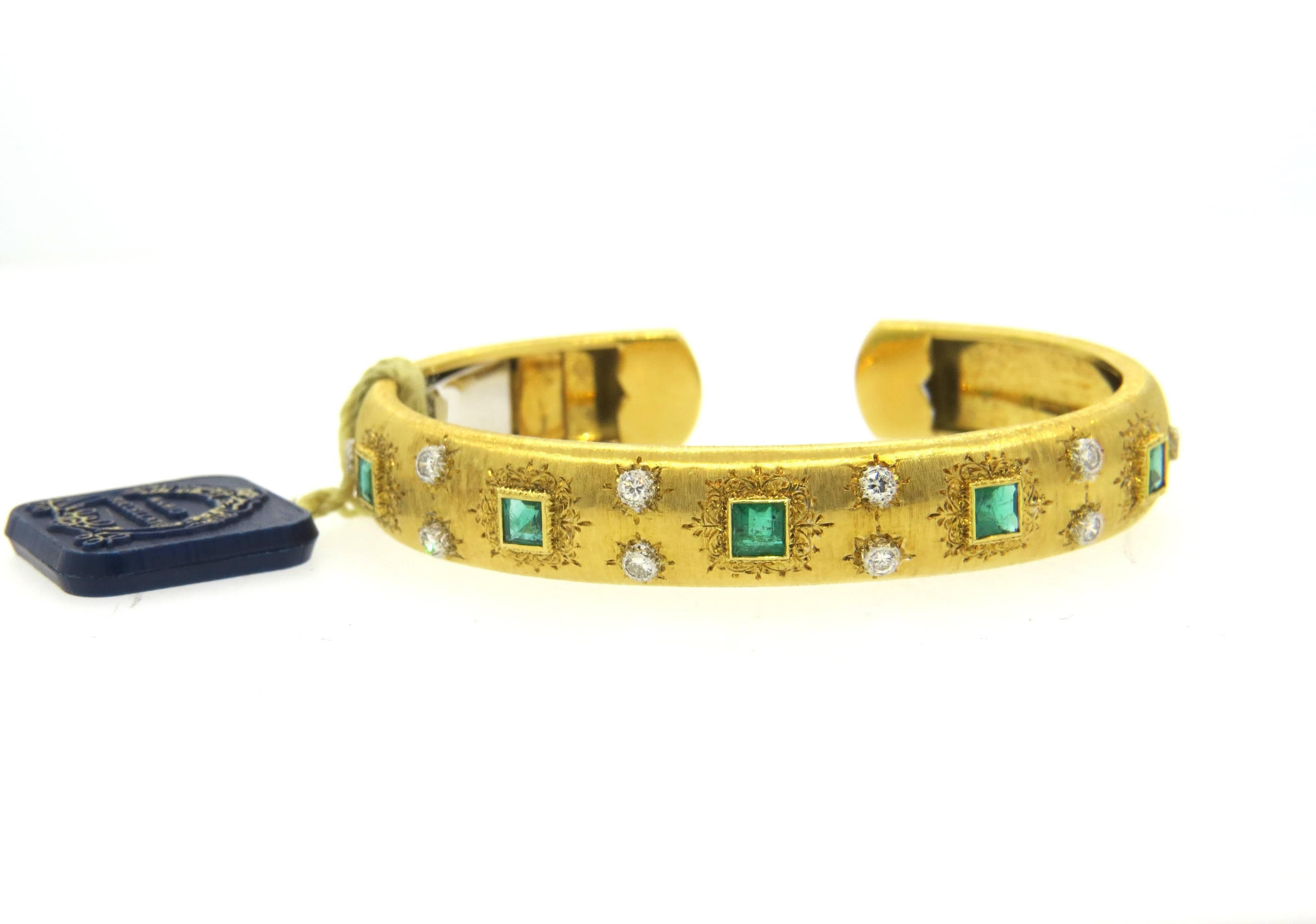 Women's Buccellati Emerald Diamond Gold Cuff Bracelet  For Sale