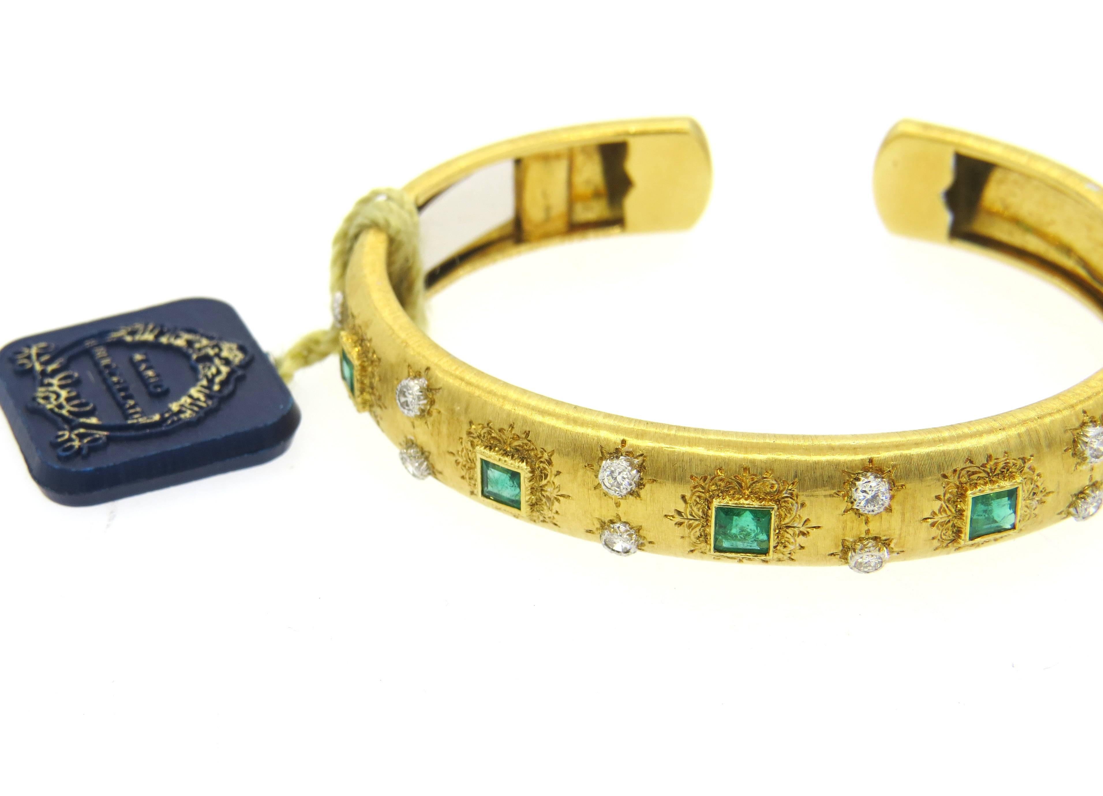 Buccellati Emerald Diamond Gold Cuff Bracelet  For Sale 2