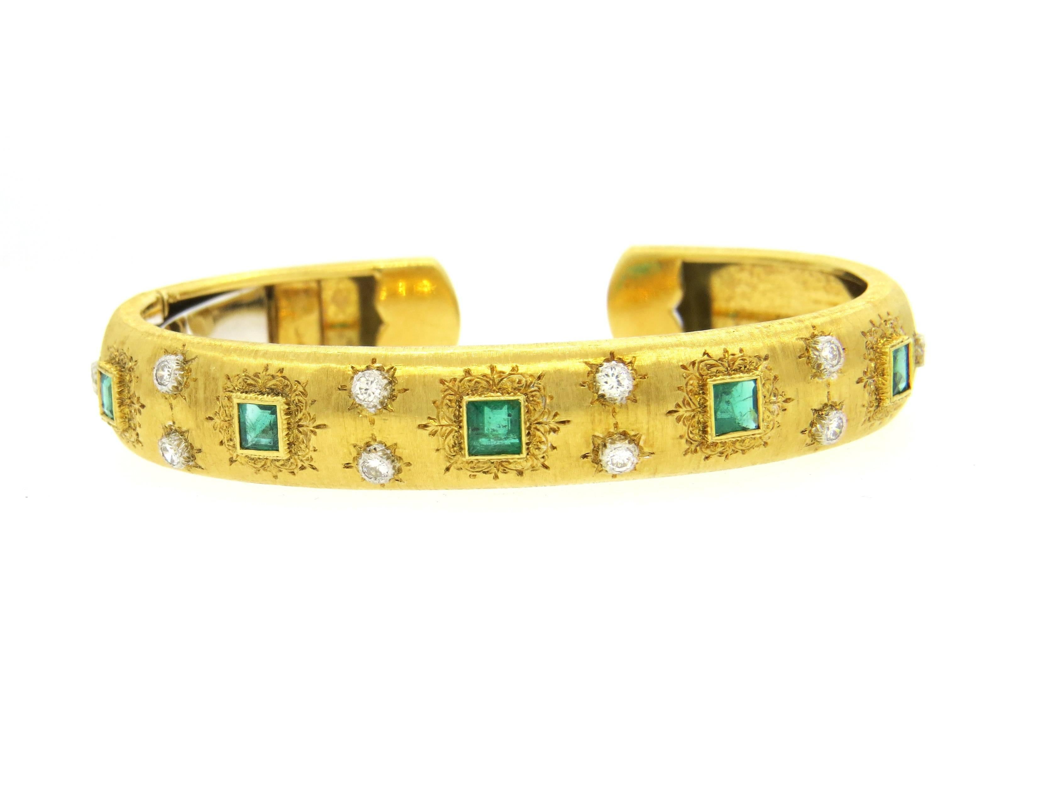 18k yellow gold cuff bracelet, crafted by Mario Buccellati, decorated with approx.  1.45ctw in emeralds and 0.40ctw in G/VS diamonds. Bracelet will comfortably fit up to 7