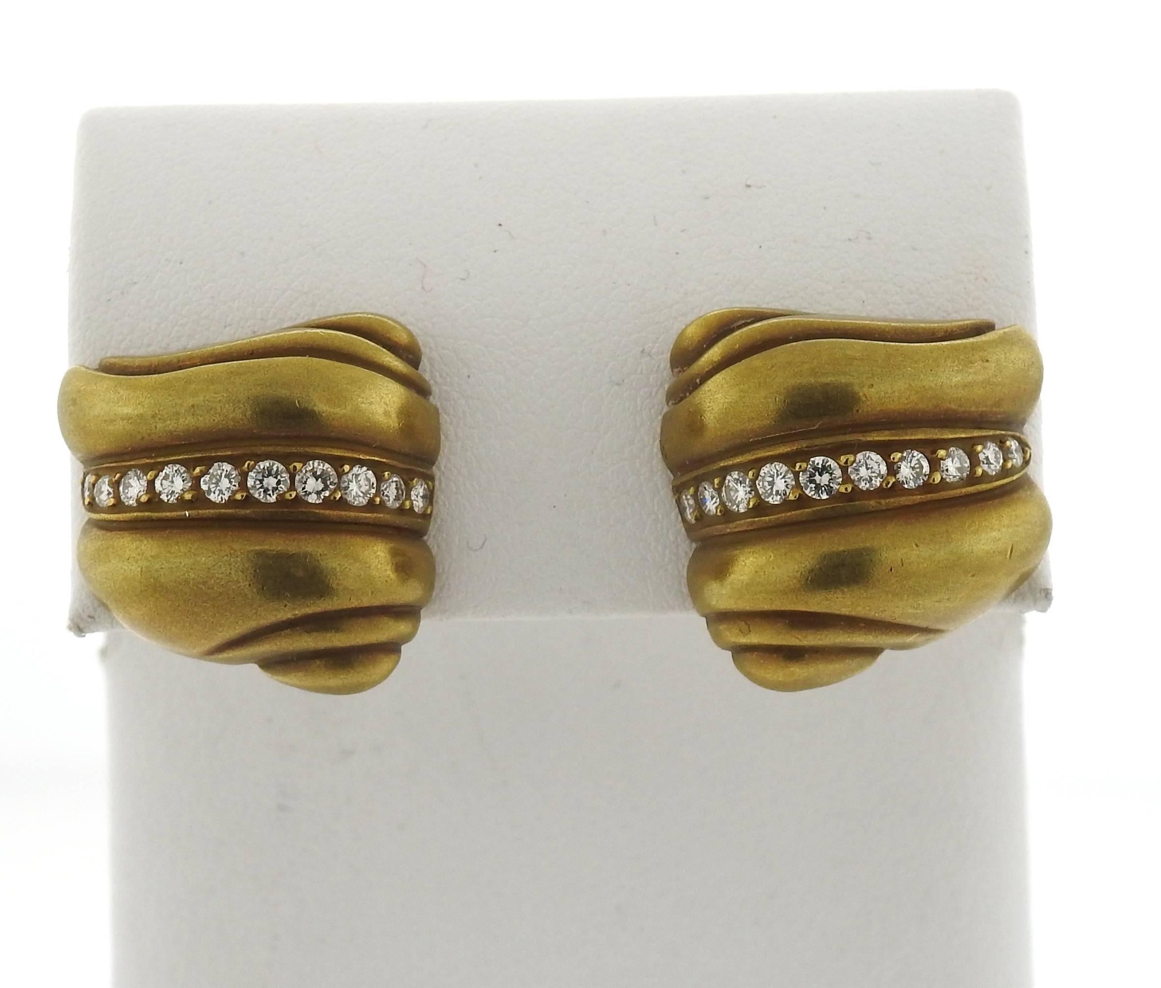 18k yellow gold earrings, crafted by Barry Kieselstein Cord, set with approx. 0.40ctw in G/VS diamonds. Earrings measure 21mm x 21mm. Marked: 1981, Kieselstein Cord, 18k. Weight - 21.7grams 
