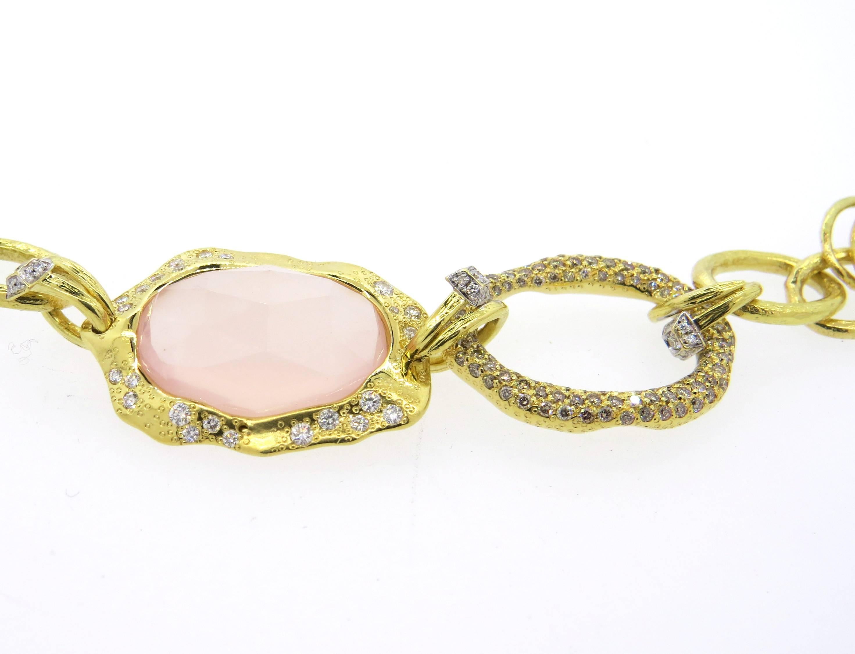 Valente Gold Diamond Rose Quartz Link Necklace  In Excellent Condition In Lambertville, NJ