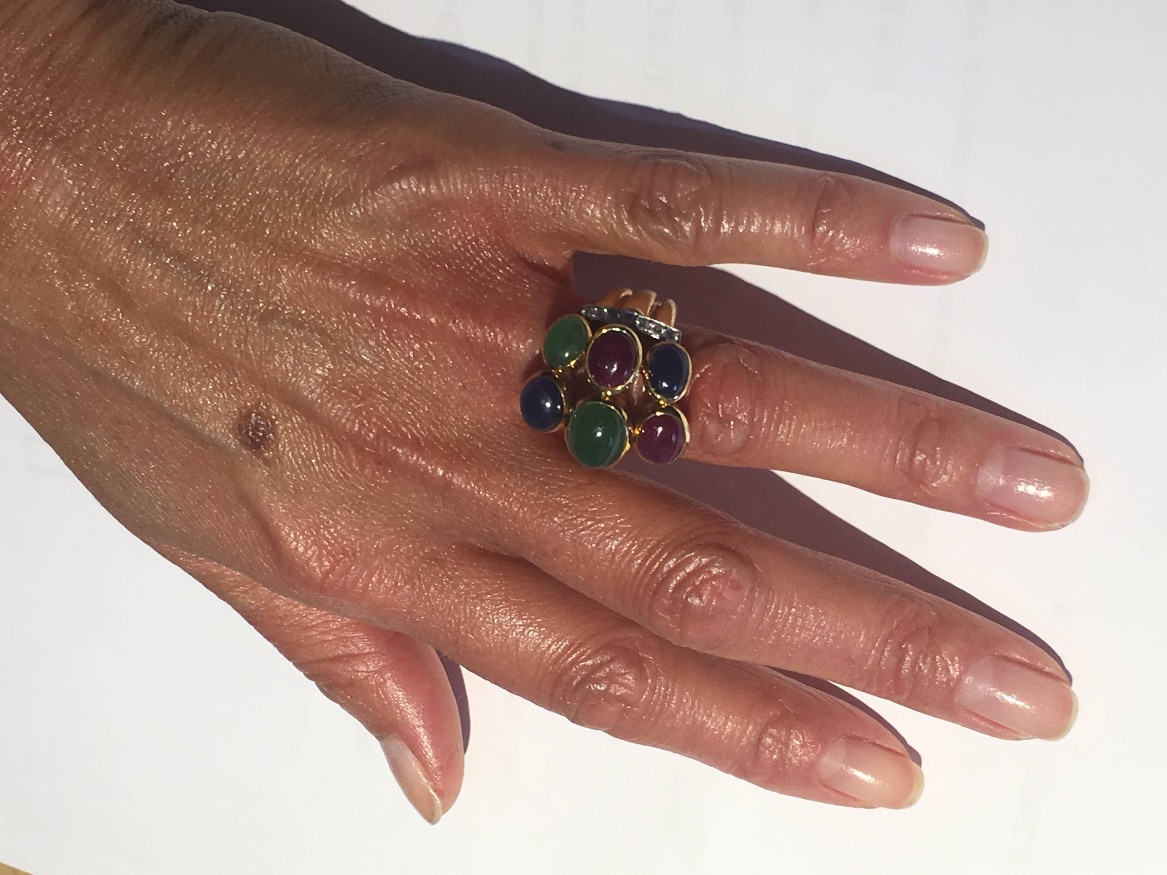 Women's David Webb Gold Platinum Diamond Emerald Sapphire Ring