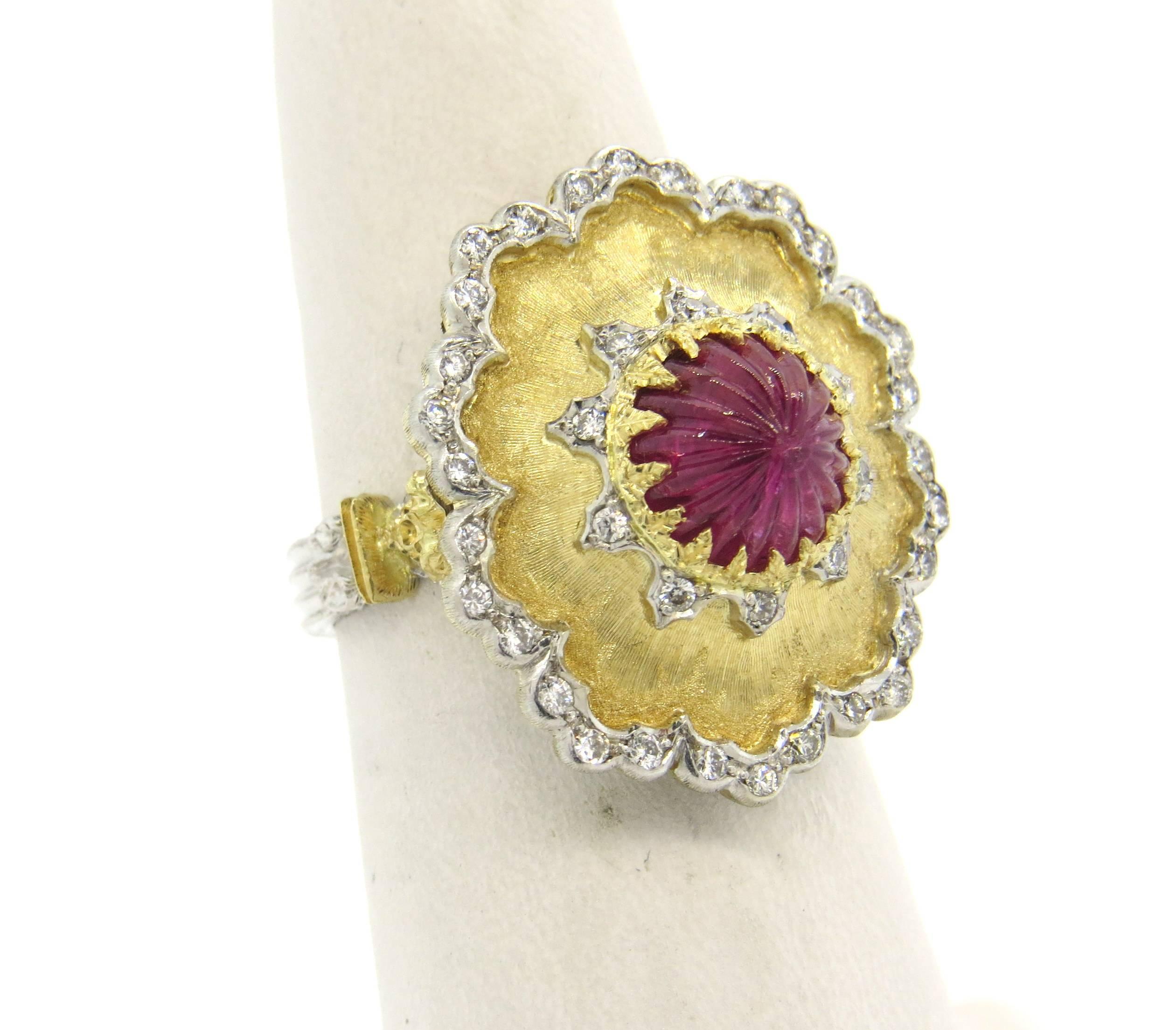 Women's Buccellati Carved Ruby Diamond Gold Ring