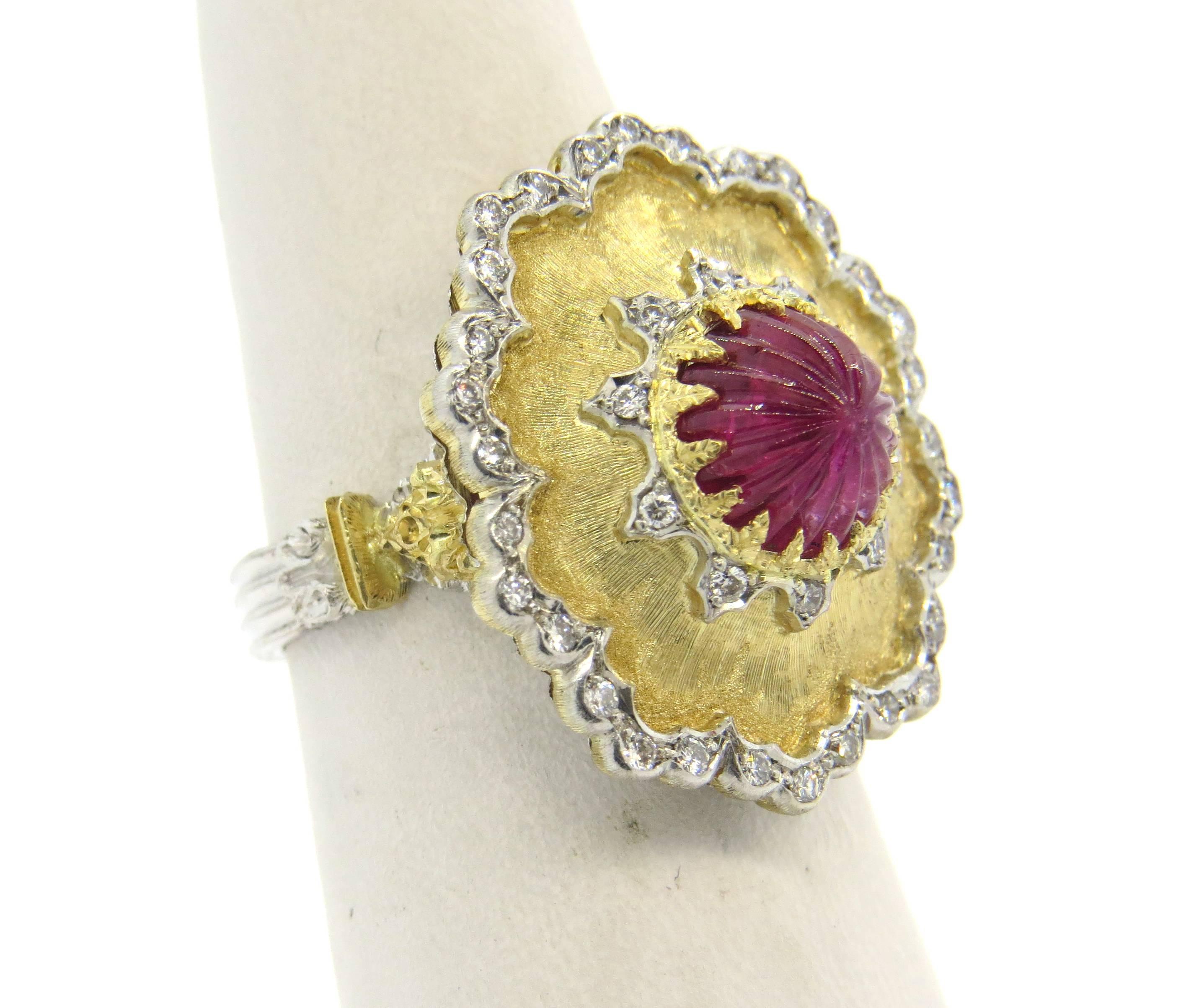 Buccellati Carved Ruby Diamond Gold Ring 2