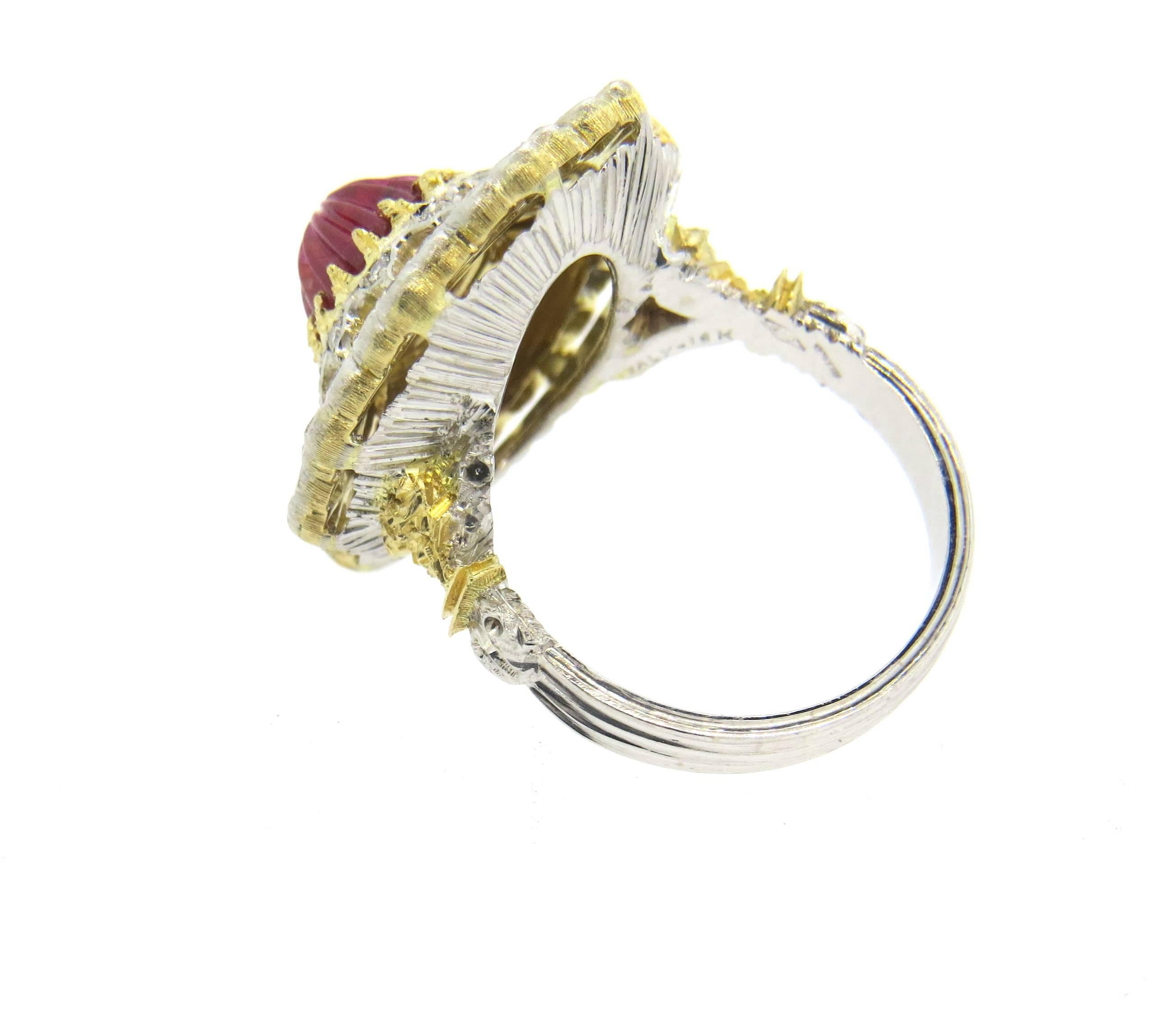 Buccellati Carved Ruby Diamond Gold Ring 1