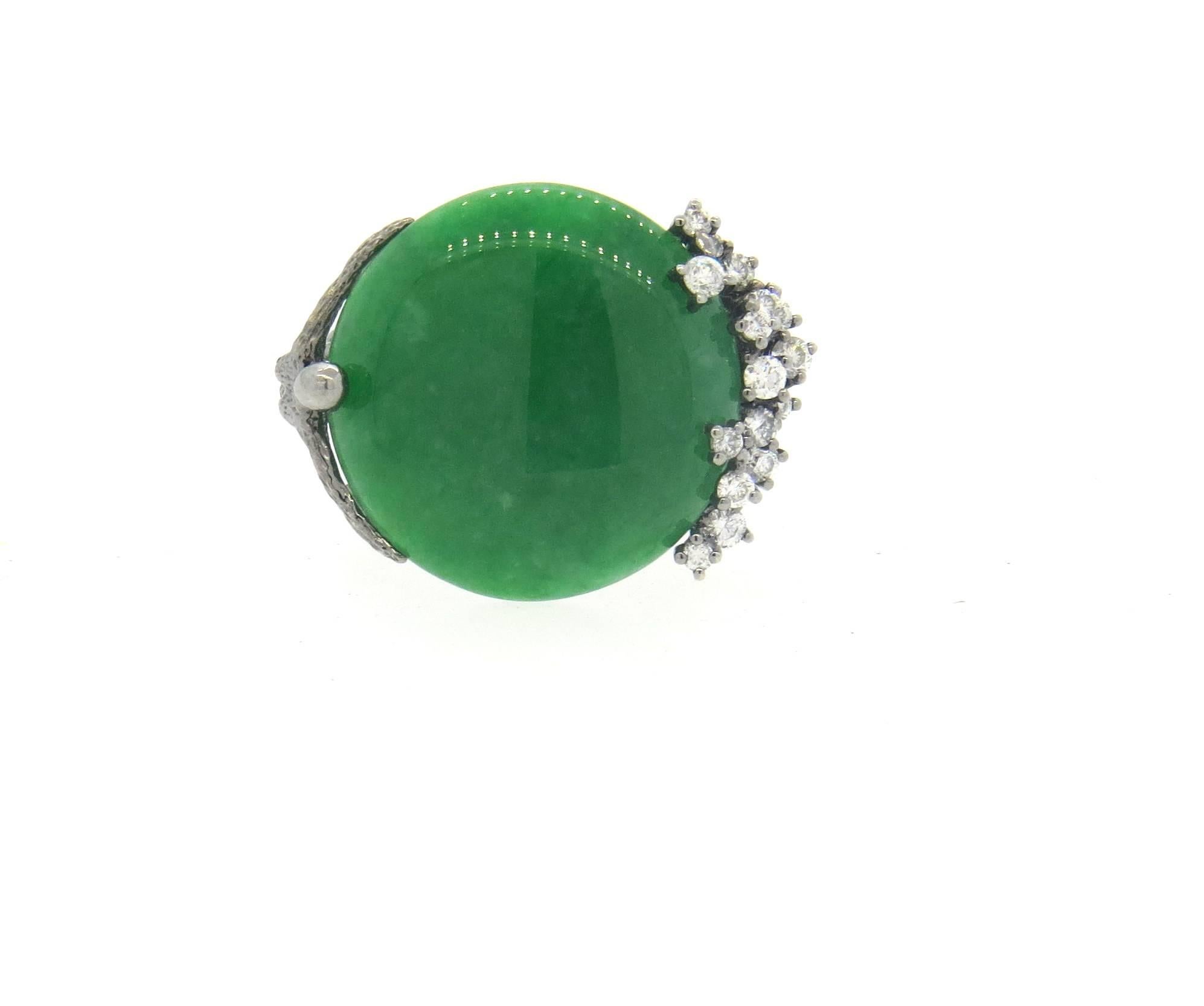Certified Natural Green Jadeite Jade Diamond Gold Naturalistic Ring  In Excellent Condition In Lambertville, NJ