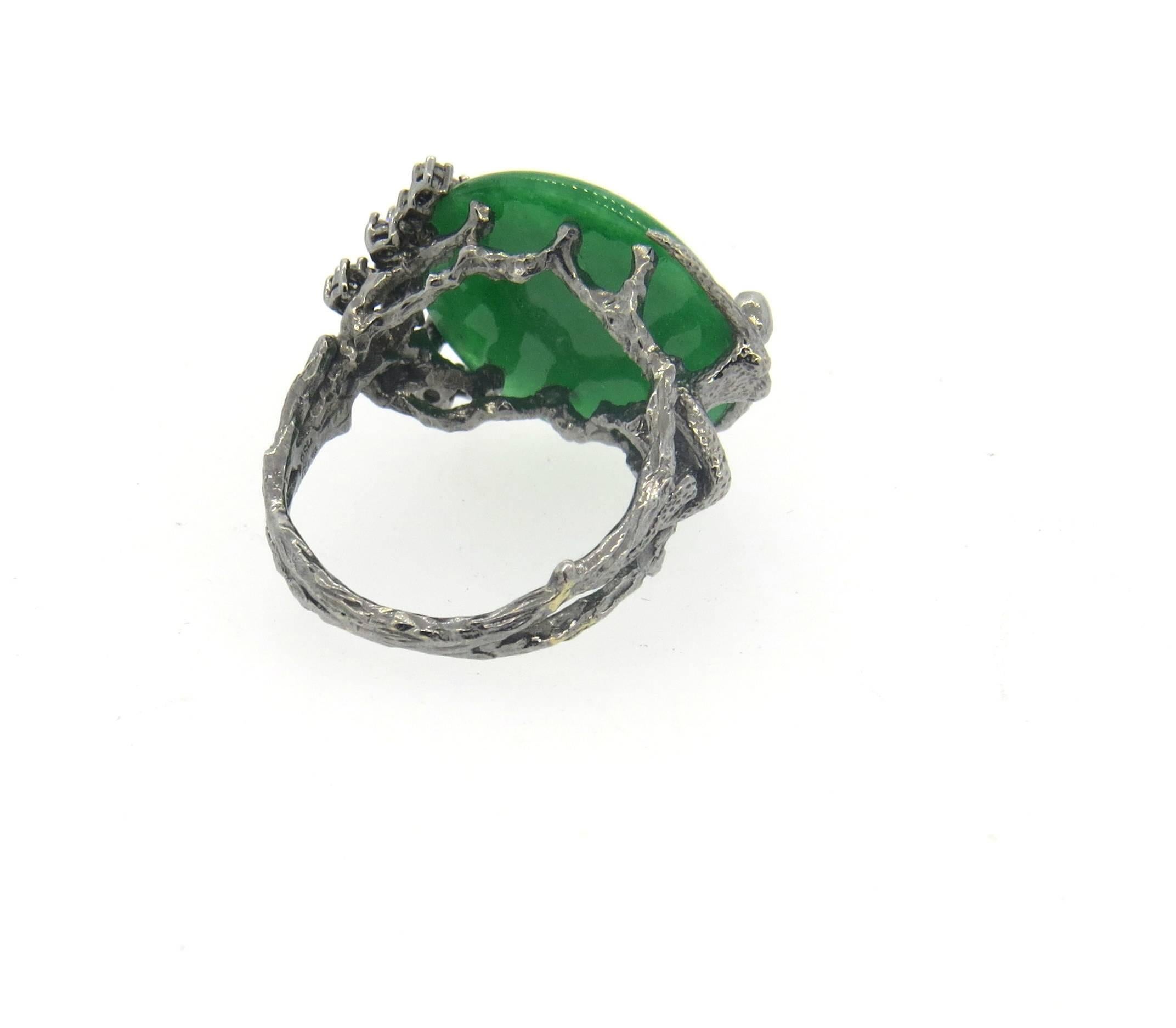 Women's Certified Natural Green Jadeite Jade Diamond Gold Naturalistic Ring 